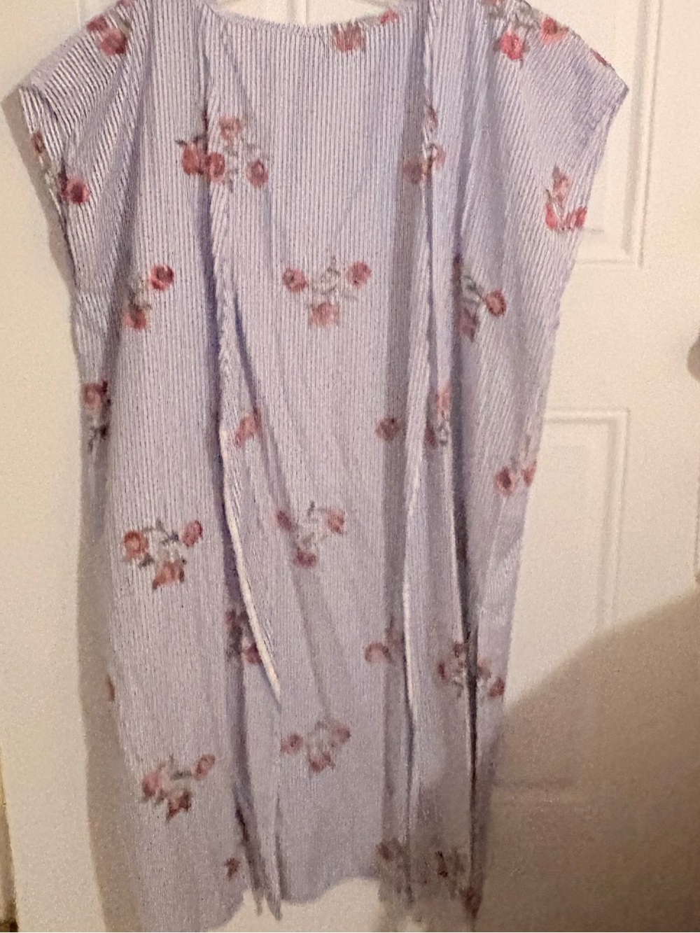 Blue White Pinstripe Floral Embroidered Wrap Shawl Pink Red Flowers